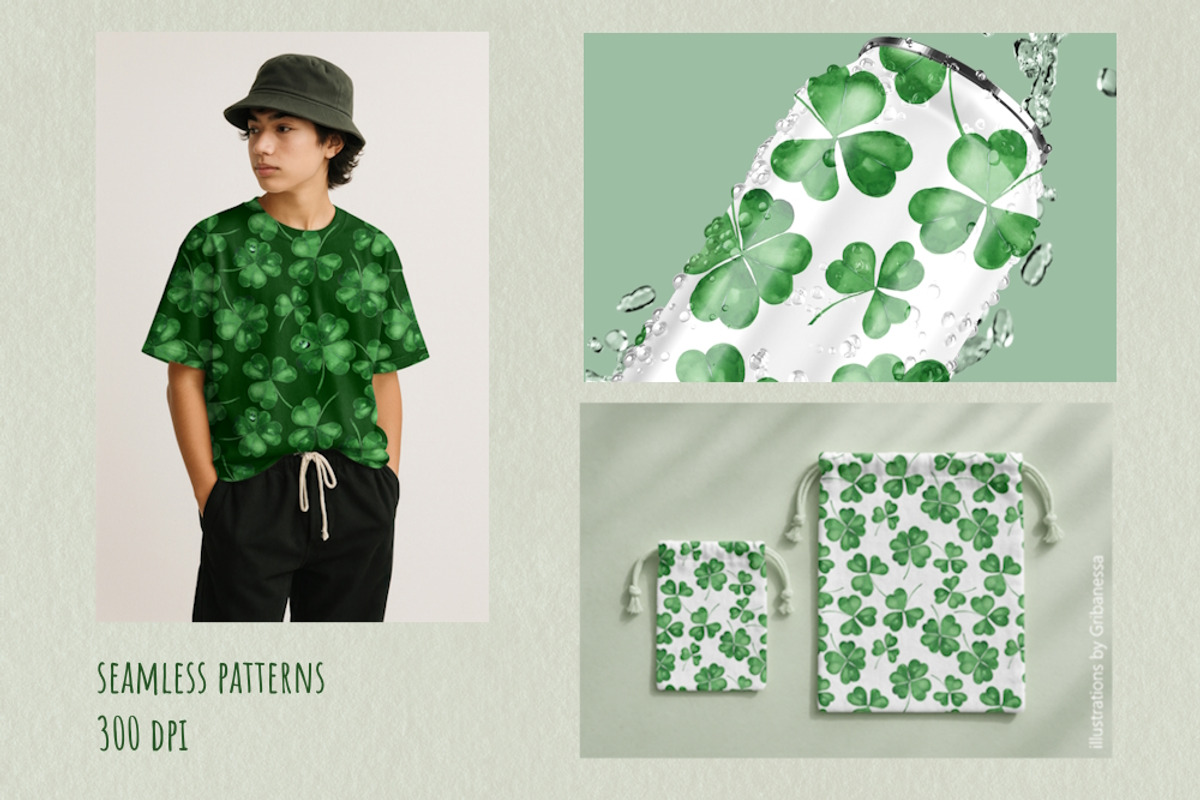 Watercolor Lucky Clover Pattern, a Decorative Illustration by Gribanessa (Photo 2 of 4)
