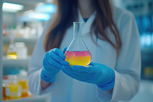 A girl wearing a white coat holds up a glass containing a vibran, a Photo by AlyaAnd
