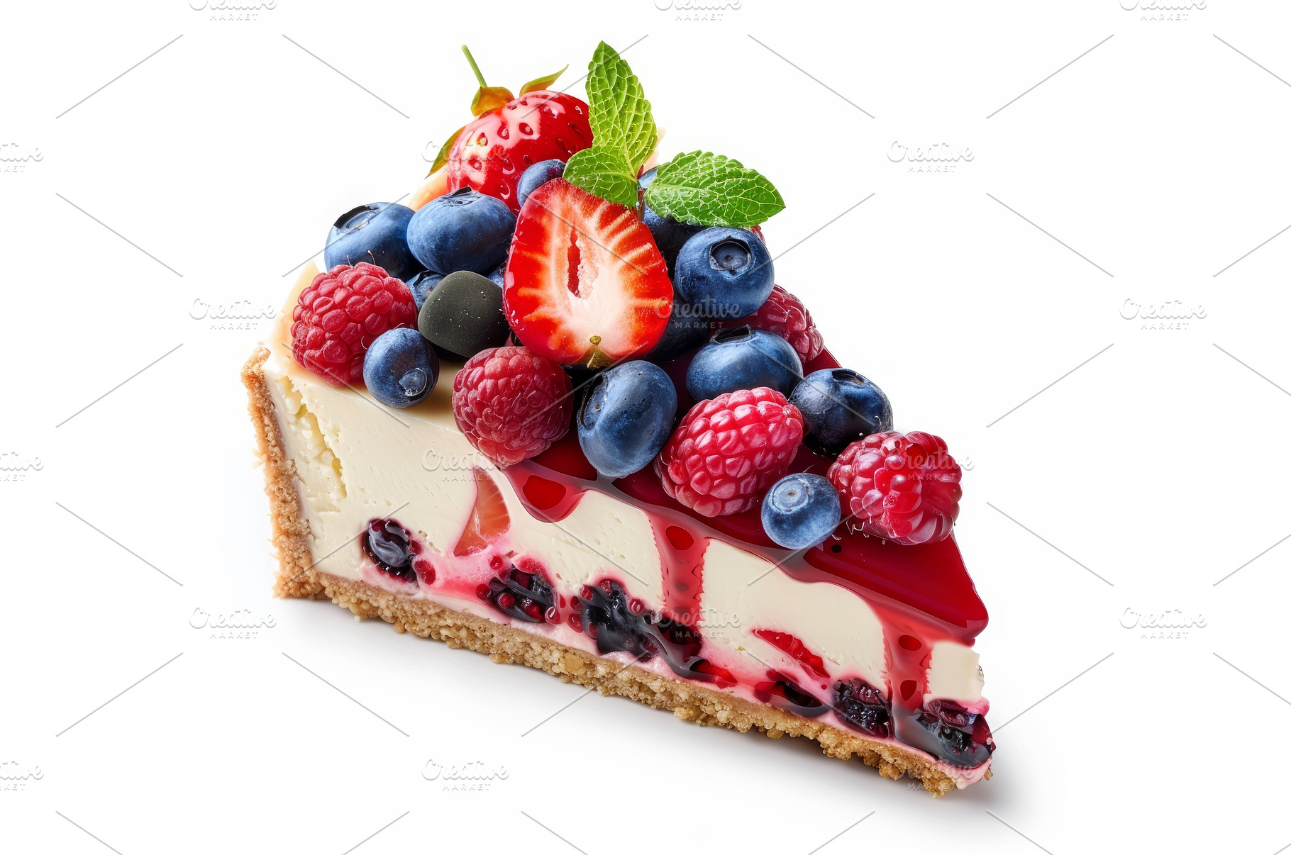 Cheesecake slice with dripping sauce, a Food & Drink Photo by Ylivdesign