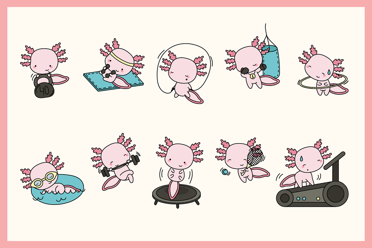 Cute Kawaii Axolotl Sportsman Set, an Animal Illustration by ArtVarStudio (Photo 2 of 3)