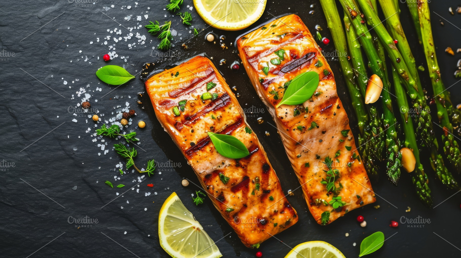 Grilled salmon fillets with asparagus and lemon on a dark slate, a Food & Drink Photo by Mashimara