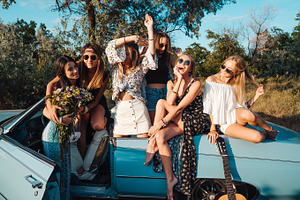 Six girls have fun in the countryside featuring beautiful, beauty, and girl