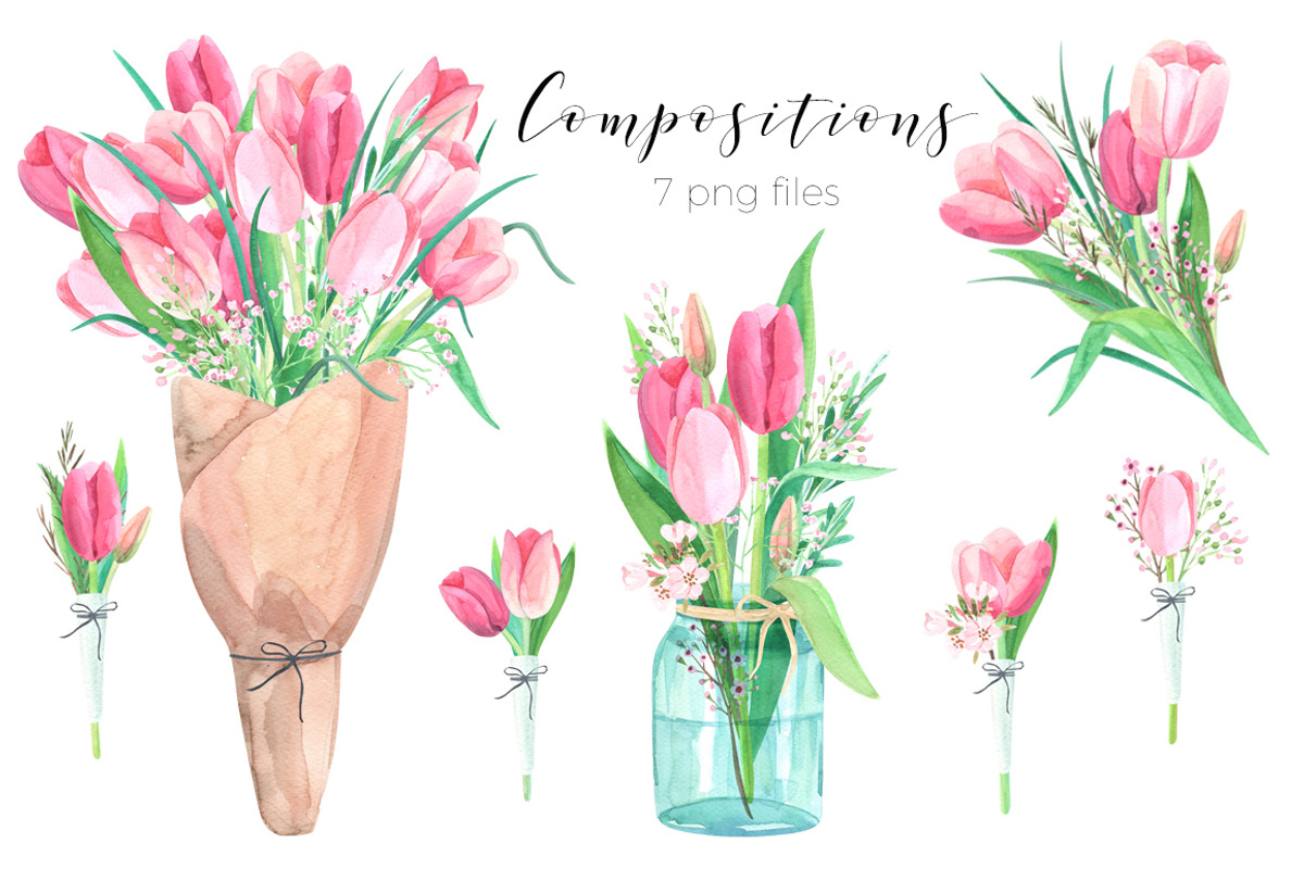 Tulip blossom. Watercolor clip art, an Illustration by Anyuka (Photo 3 of 5)