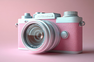 Vintage pink camera on soft pink bac, a Photo by Tanuart
