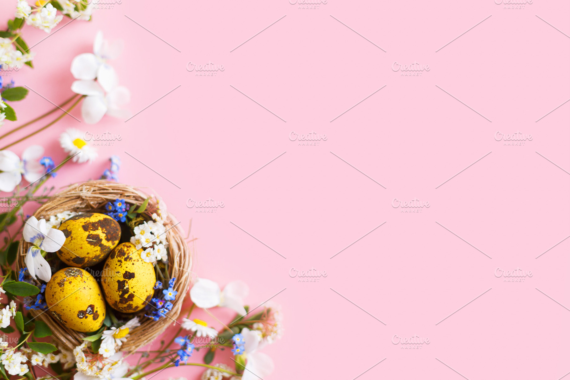 Easter flat lay. Stylish easter eggs in nest and spring flowers, a Holiday Photo by Sonjachni