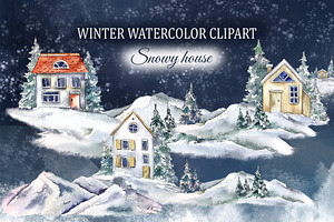 Watercolor Christmas forest house