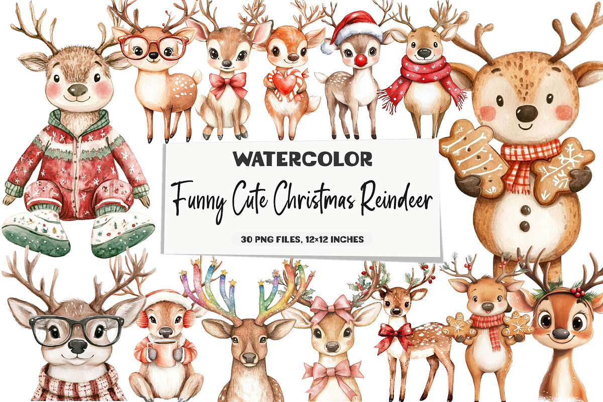 Funny Cute Christmas Reindeer Bundle, an Illustration by DreamArtGraphic (Photo 1 of 5)