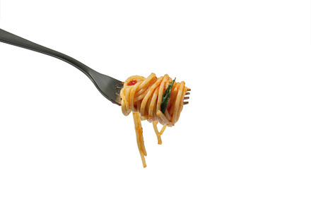 Italian food. Fork with delicious pasta with sauce and basil leaf isolated on w, a Food & Drink Photo by Volodymyr Melnyk