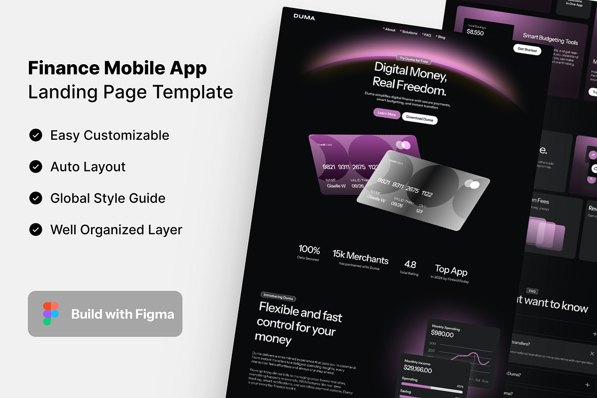 Fintech Landing Page Figma Template, a Landing Page Template by Rozepaars Design (Photo 1 of 2)