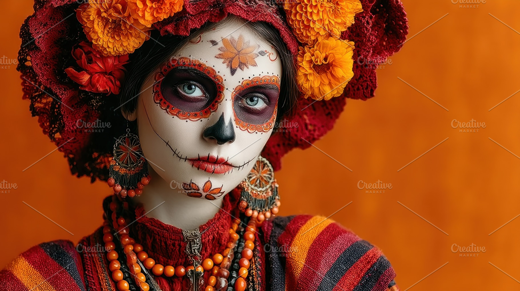 Day of the Dead woman with colorful skull makeup, traditional re, a Holiday Photo by José Manuel Gelpi