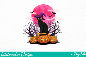 Black Cat Witch Pumpkin Png, an Illustration by Watercolor design