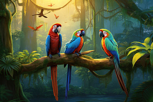 Three vibrant parrots sit on a branc, a Photo by Iftikhar Alam