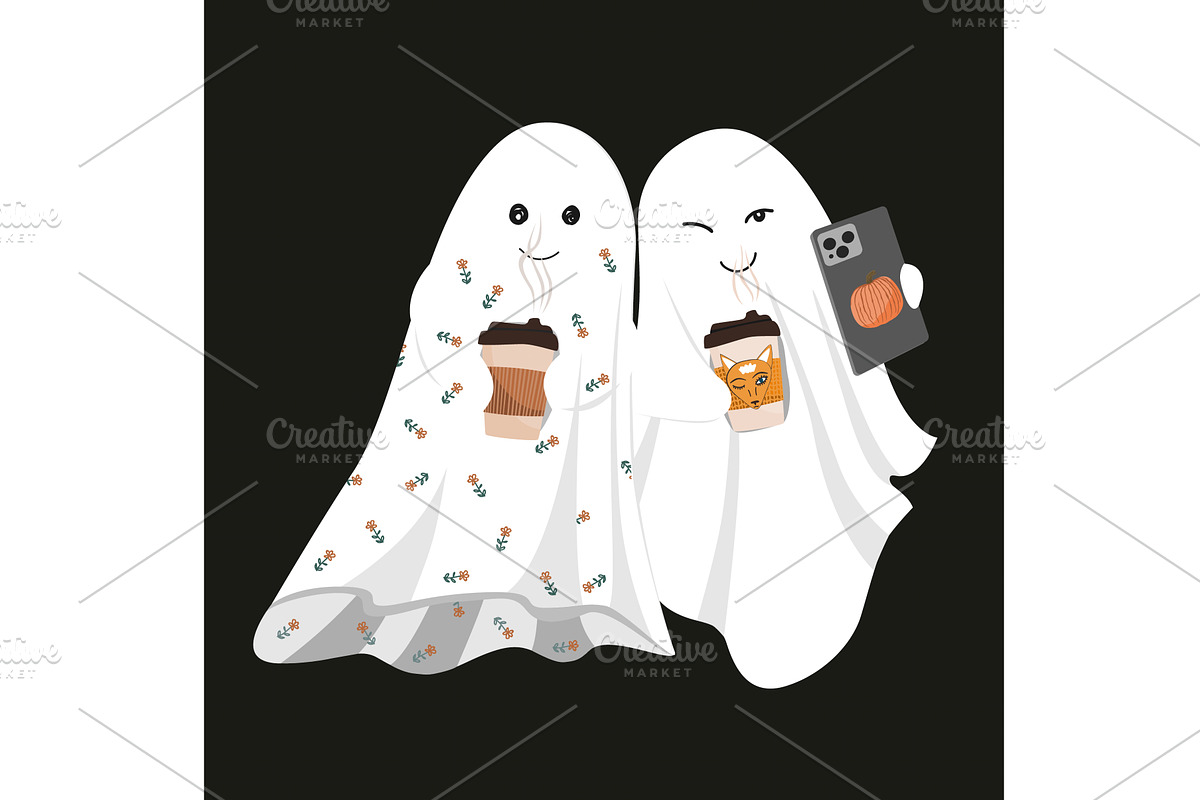 Cute Ghosts Drinking Coffee from, a Food Illustration by Toltemara