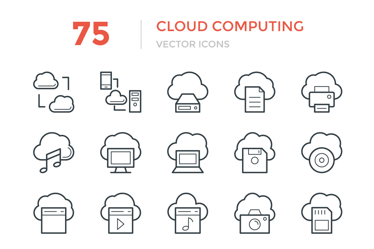 75 Cloud Computing Vector Icons, an Outline Icon by Vectors Market (Photo 1 of 2)