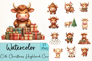 Cute Christmas Highland Cow Clipart, an Illustration by CrexoraLab