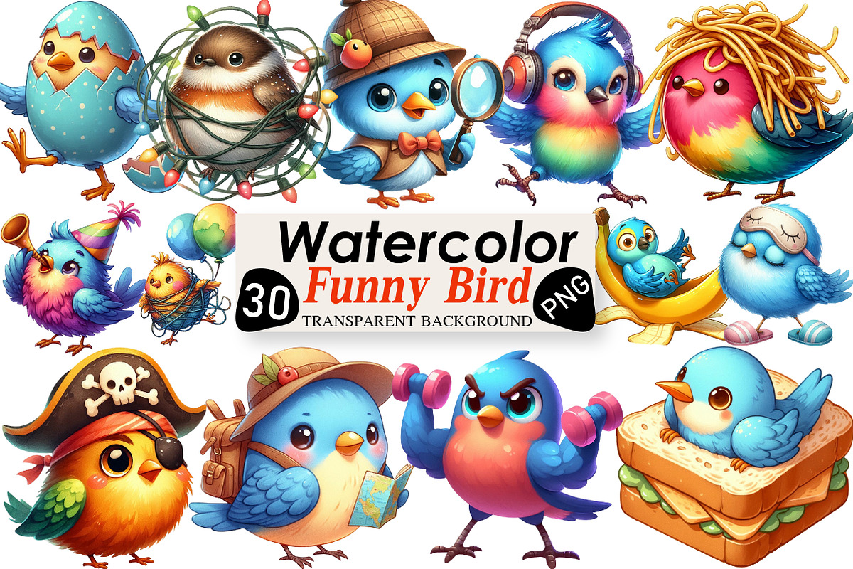 Watercolor Funny Bird Clipart, an Illustration by Black Bird Studio (Photo 1 of 6)