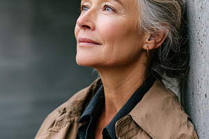 Mature woman with minimal makeup gazes thoughtfully in an urban setting during, a Person Photo by AlyaAnd