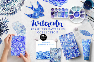 Blue watercolor background and cards