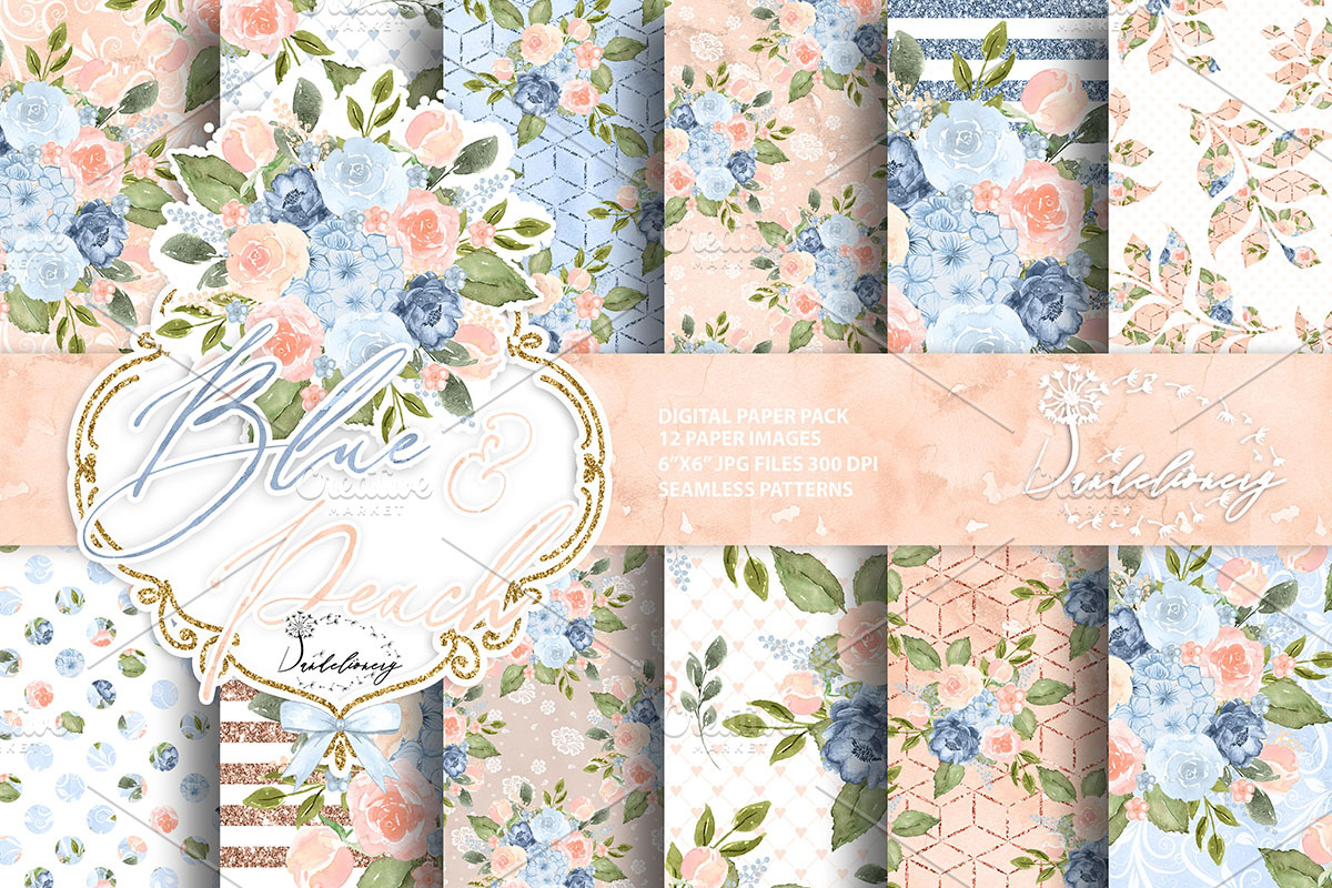Watercolor Blue Peach digital paper, a Pattern Graphic by designloverstudio
