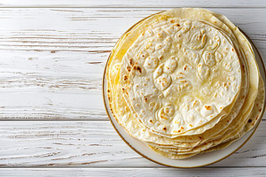 Flat lay of stack of corn tortillas on wooden table, a Food & Drink Photo by AlyaAnd