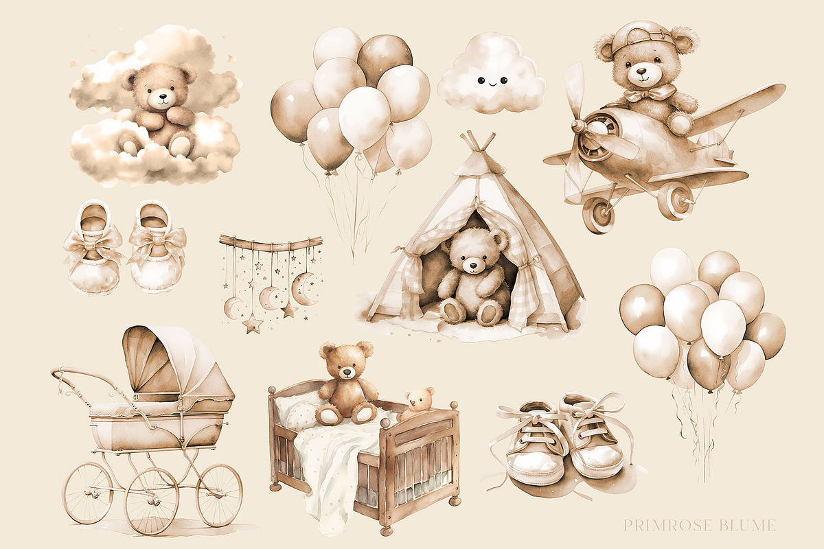 Brown Teddy Bear BabyShower Clipart, a Decorative Illustration by Primrose Blume (Photo 4 of 4)