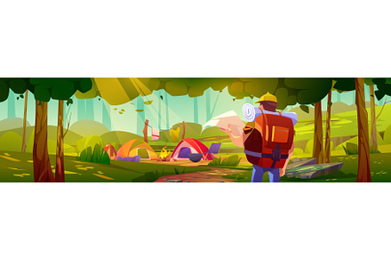 Man traveler in forest with camp, an Illustration by art PVP - market