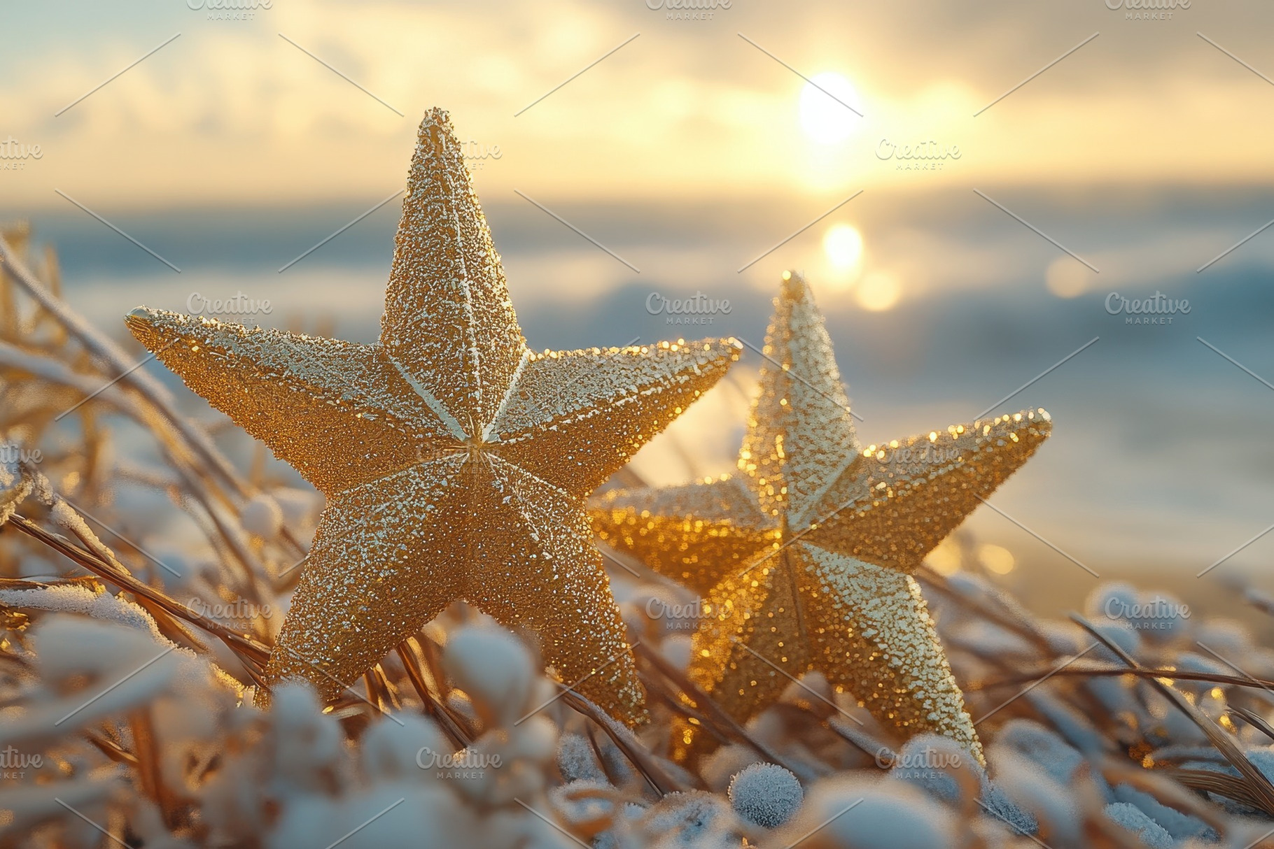 Golden stars glisten among frosted g, a Photo by Tanuart