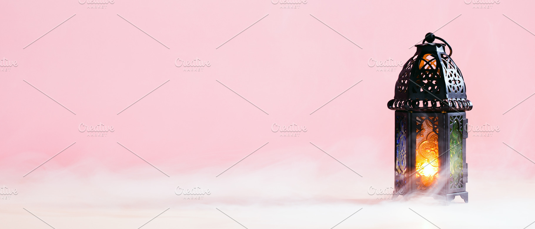 Ramadan Kareem banner design with lantern on pastel pink background with smoke., a Holiday Photo by photoguns