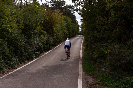 Back view of strong male cyclist riding bike at the paved road, a Sports & Recreation Photo by Bepslabor