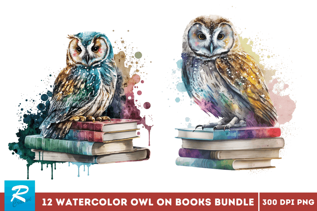 Watercolor Owl on Books Clipart Bund, an Object Graphic by Regulrcrative (Photo 2 of 7)