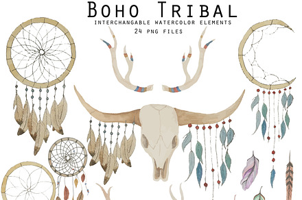 Boho Tribal Watercolor Elements