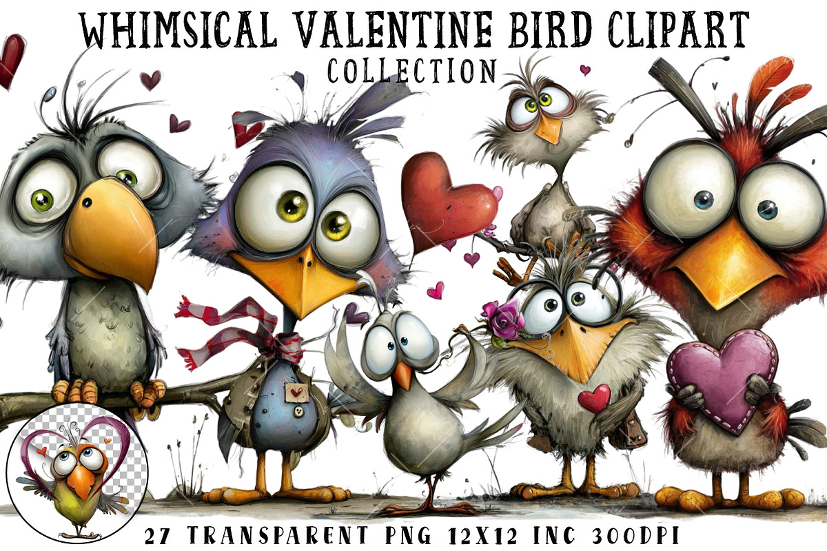 Whimsical Valentine Bird Clipart, an Illustration by OK Design (Photo 1 of 6)