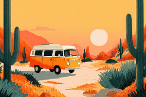 Sunset drive in the desert with van, a Photo by Beautiful things
