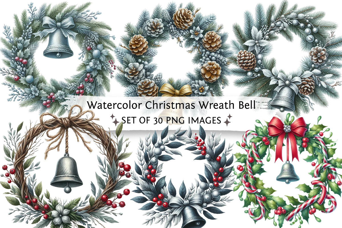 Watercolor Christmas Wreath Bell Cli, an Illustration by DreamPrint404 (Photo 1 of 7)