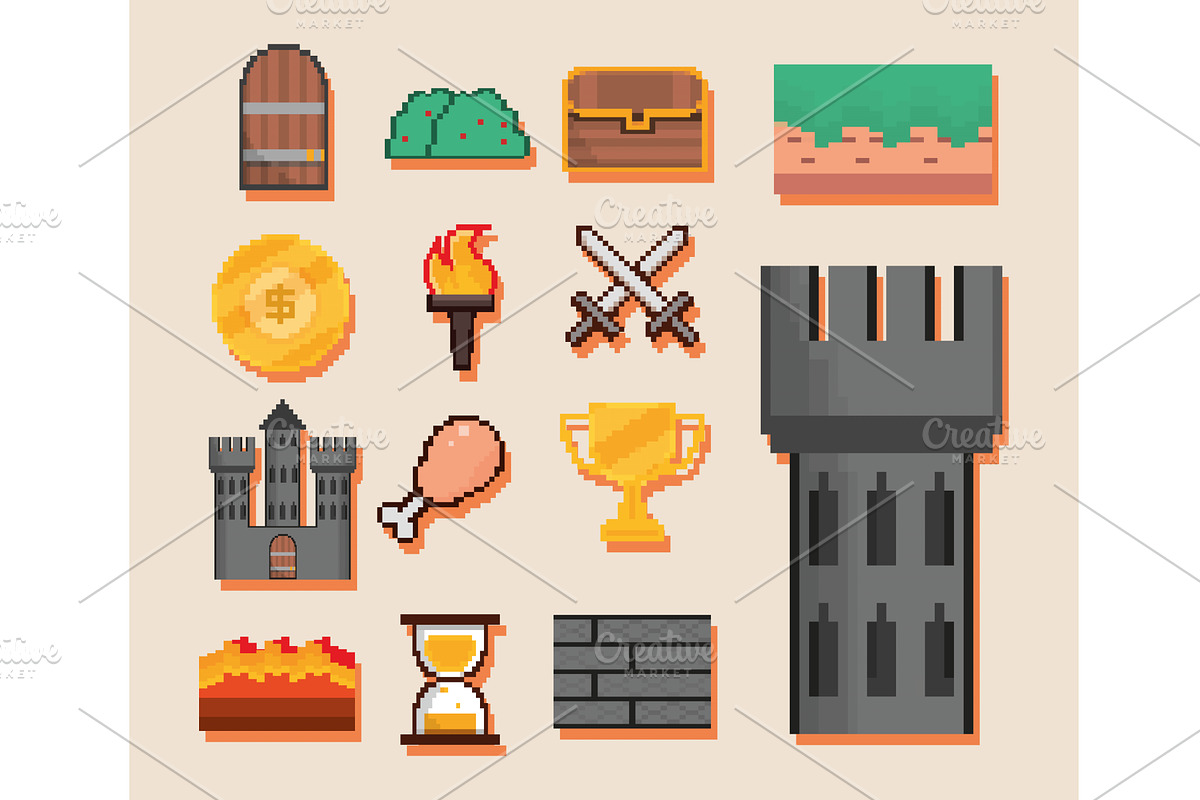 pixel art icons set, an Object Illustration by studiogstock