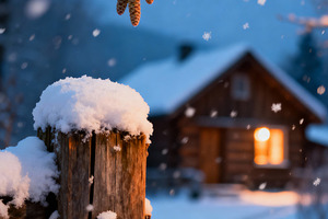 Winter Cabin Amidst Falling Snow, a Nature Photo by Virgo Studio
