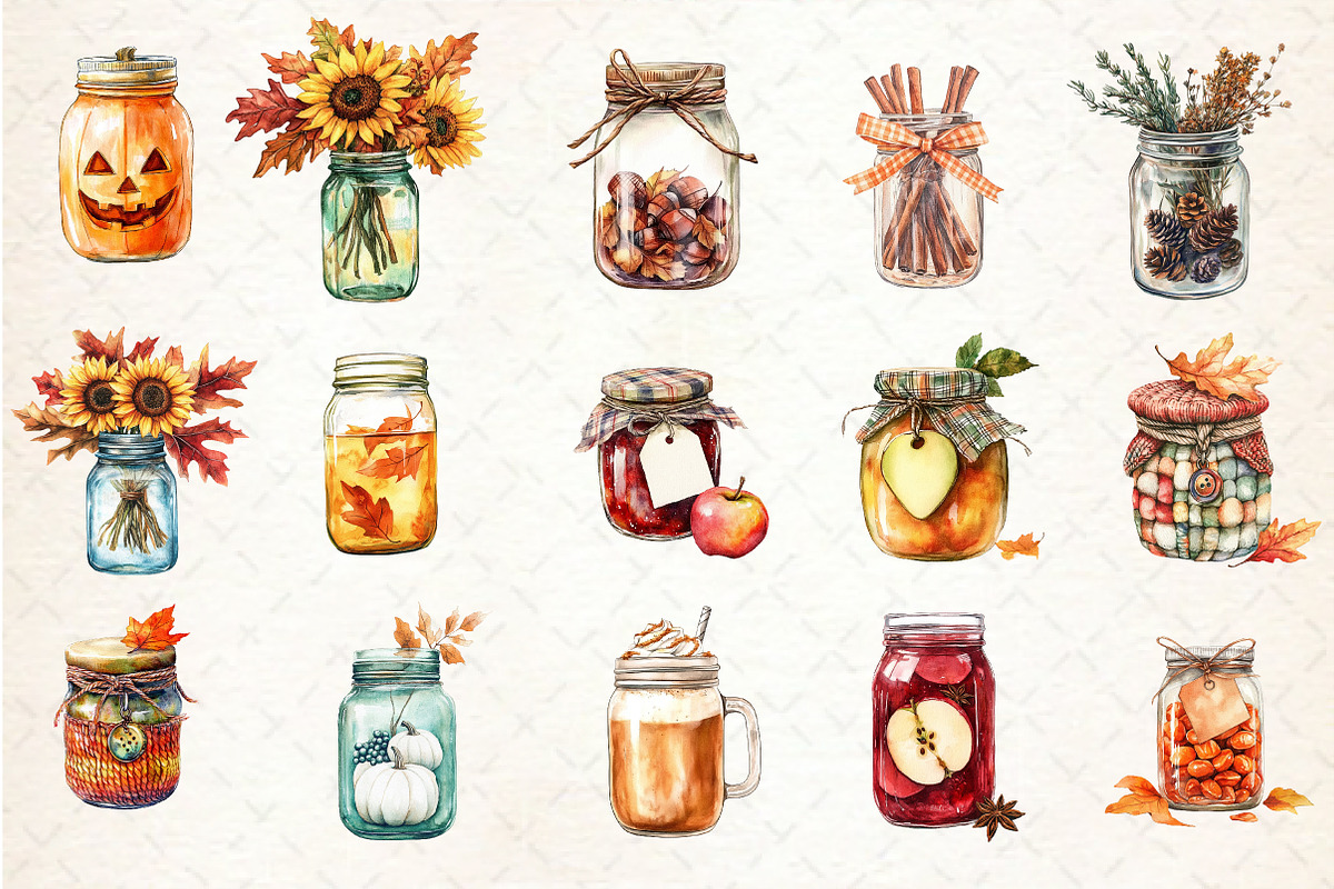 Watercolor Fall Mason Jars Clipart, an Illustration by Rose Art (Photo 2 of 7)