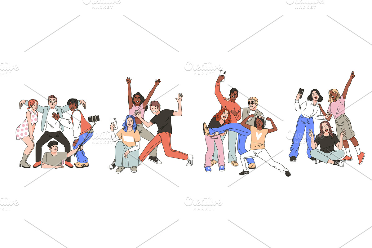 Selfie group posing. Happy people, a Person Illustration by YummyBuum