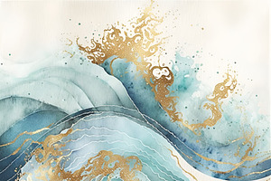 Watercolor Blue Gold Abstract Waves