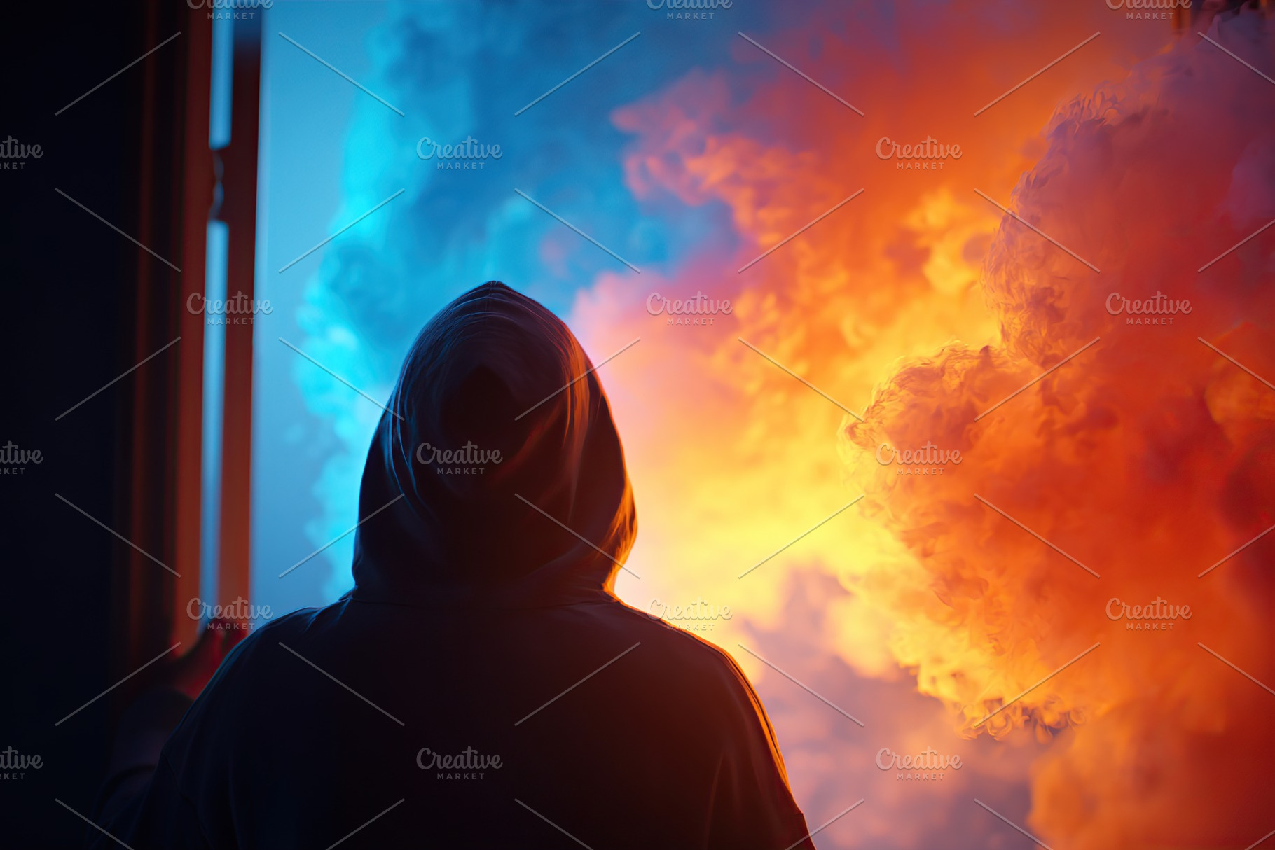 Man in hoodie opens a door revealing vibrant smoke in contrasting colors, a Person Photo by AlyaAnd