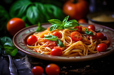 Tasty spaghetti with tomatoes and basil leafs in plate. Generative AI, a Food & Drink Photo by AlyaAnd