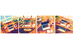 desktop near the window. open laptop, a Technology Illustration by Stock-Smart-Start