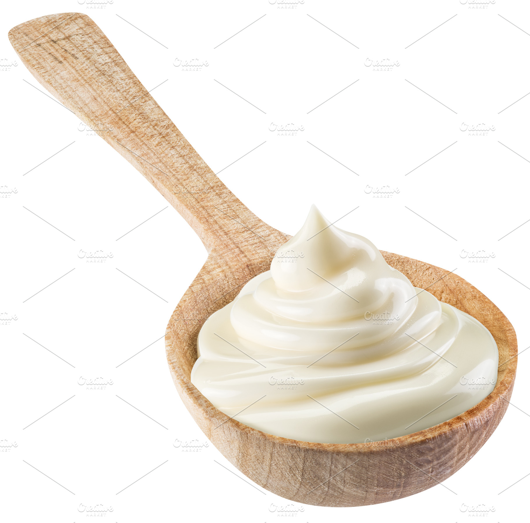 Handful of mayonnaise in wooden spoon on white background. File, a Food & Drink Photo by Volff