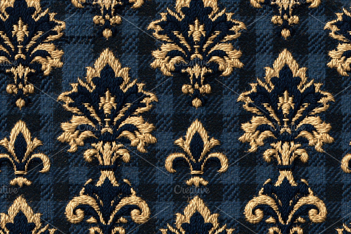 Seamless pattern ornate gold and navy blue damask embroidery cre, a Pattern Graphic by Studio ANNA