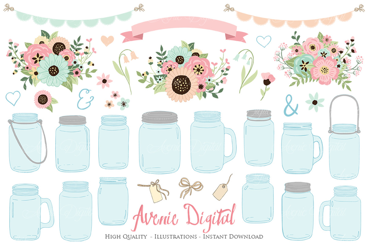 Pink and Mint Floral Mason Jars, an Illustration by Avenie Digital (Photo 1 of 2)
