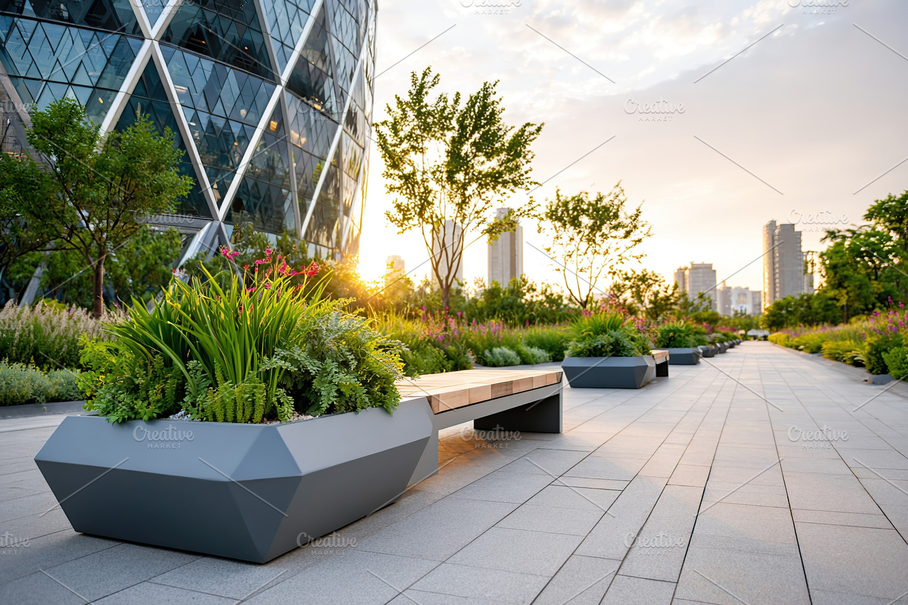 Urban garden with modern architecture during sunset in a bustling city, a Photo by AlyaAnd