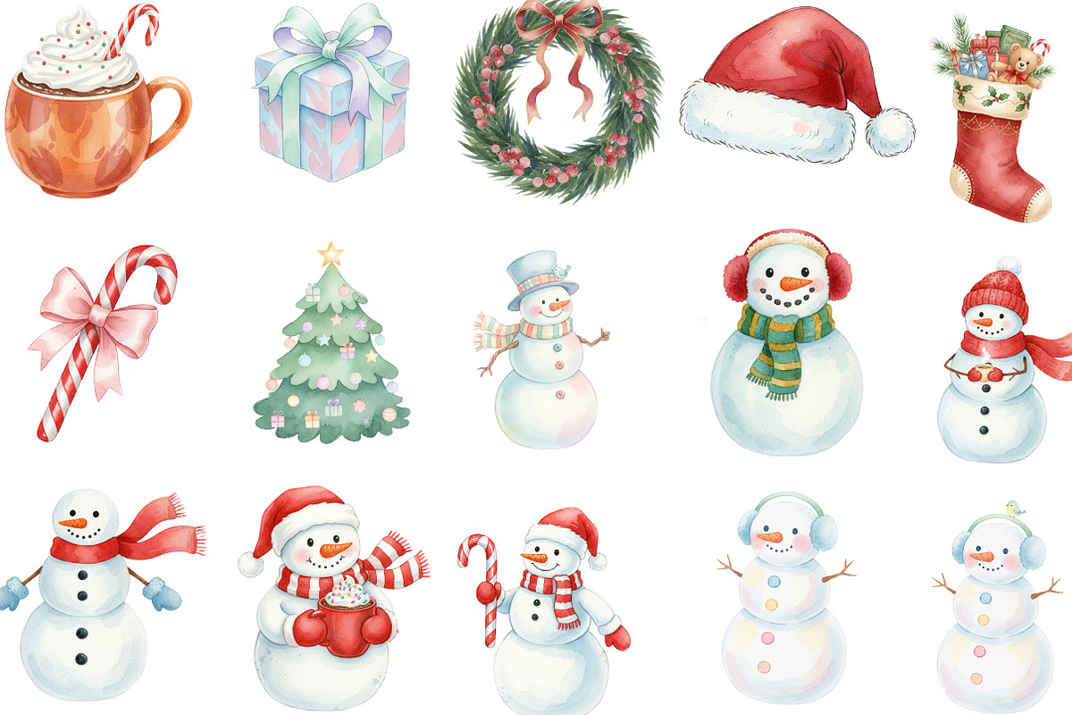 Watercolor Christmas Snowman Clipart, an Illustration by Designking (Photo 3 of 5)