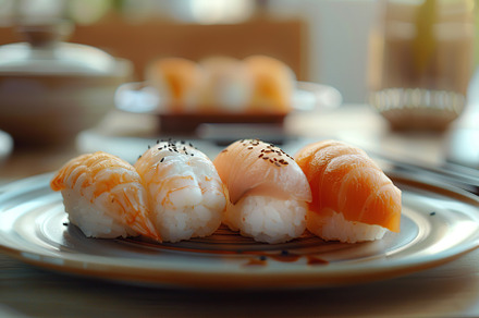 Assorted tasty sushi food in plate on restaurant table, a Food & Drink Photo by AlyaAnd