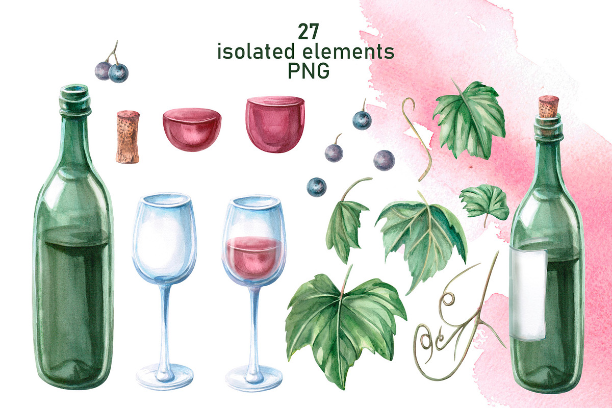 Wine and Grapes,watercolor clip art, a Food Illustration by SvetLana (Photo 2 of 16)