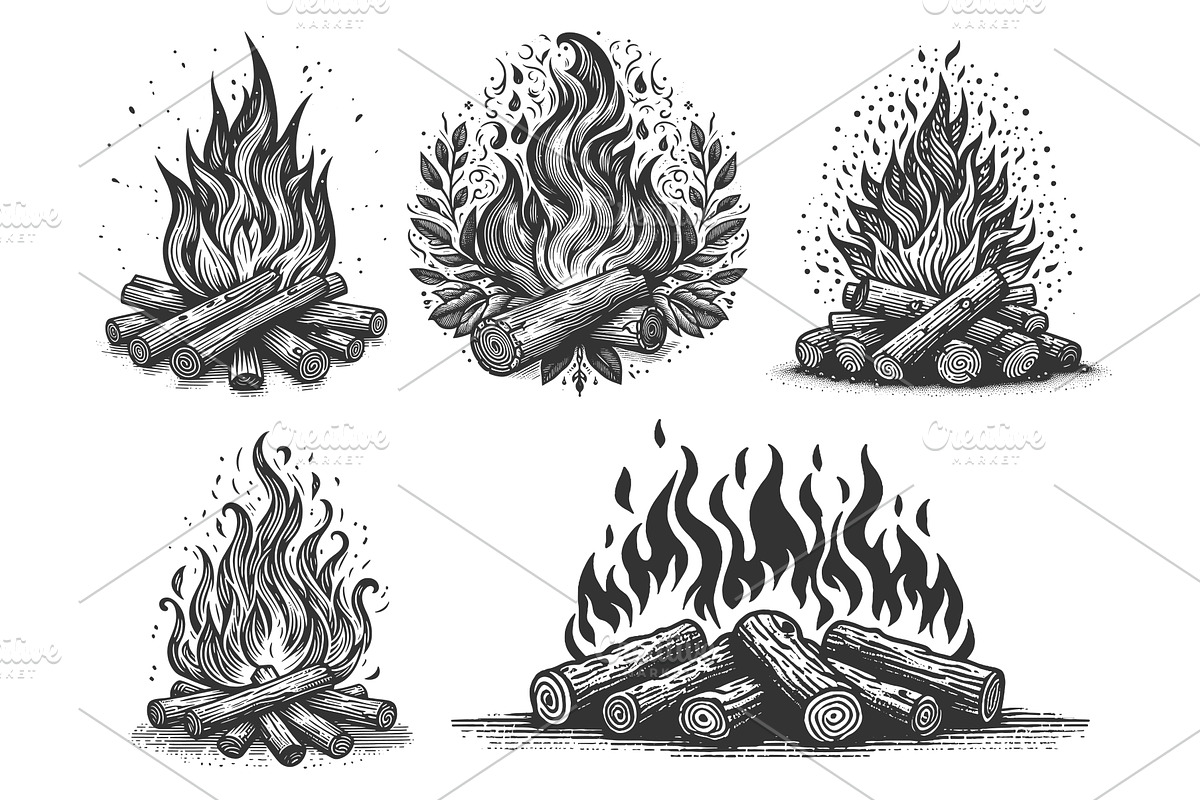 Campfire engraving set vector, an Illustration by AlexArt